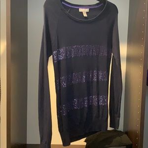 Navy sweater with purple sequin stripes